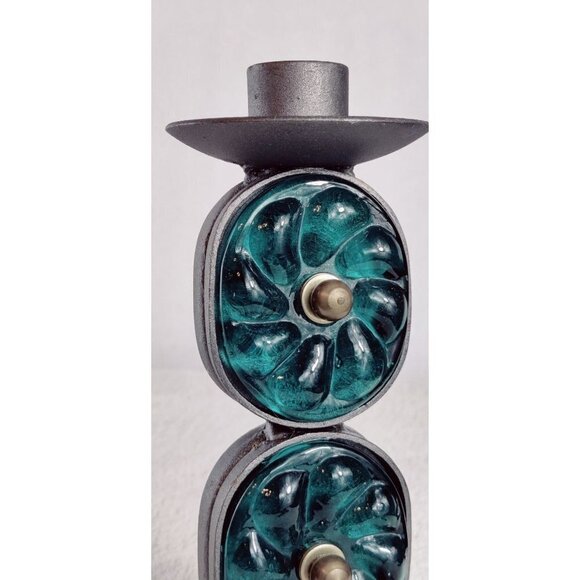 Candle Holder Stick Hand Blown Glass Forest Green Metal Gray India Boho Decor 7" - Picture 2 of 11